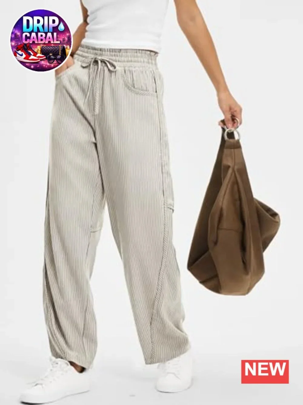 Womens Striped Barrel Casual Pants Elastic Drawstring Baggy Lounge Wide Leg